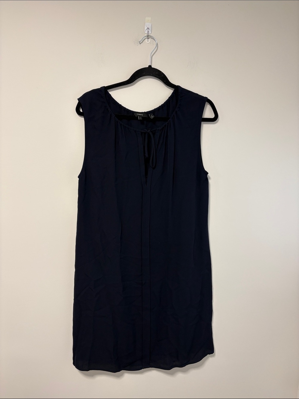 Theory Navy Silk Sleeveless Tie-Detail Shift Dress